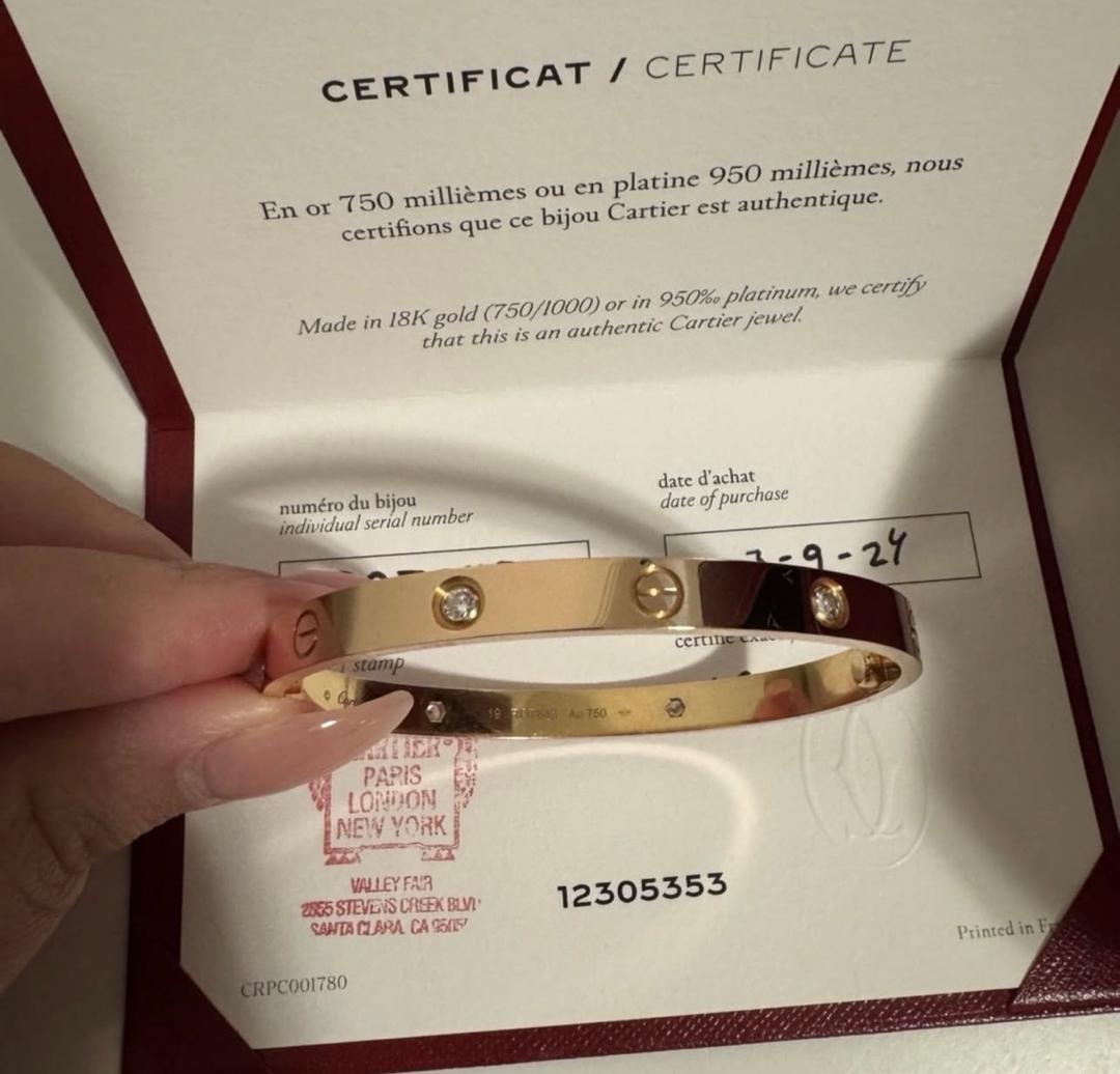 Bracelet Love Cartier authentique, modèle classique, 4 diamants, or rose, taille 19.